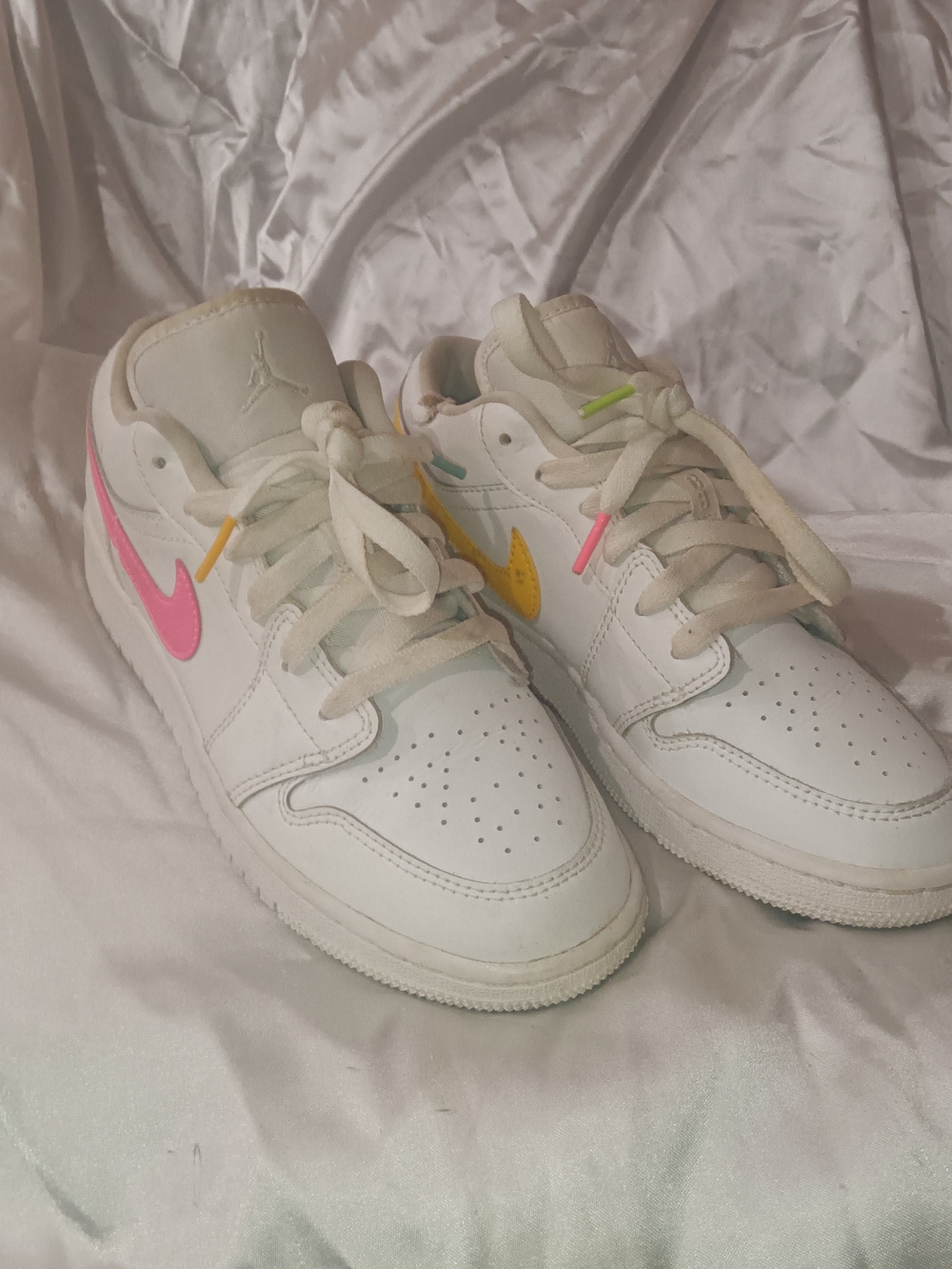 Nike Kids' White Low-Top Retro Sneakers with Pink & Yellow Swooshes